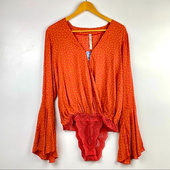 Free People Makin Waves Polka Dot Orange Bodysuit S - Picture 1 of 7